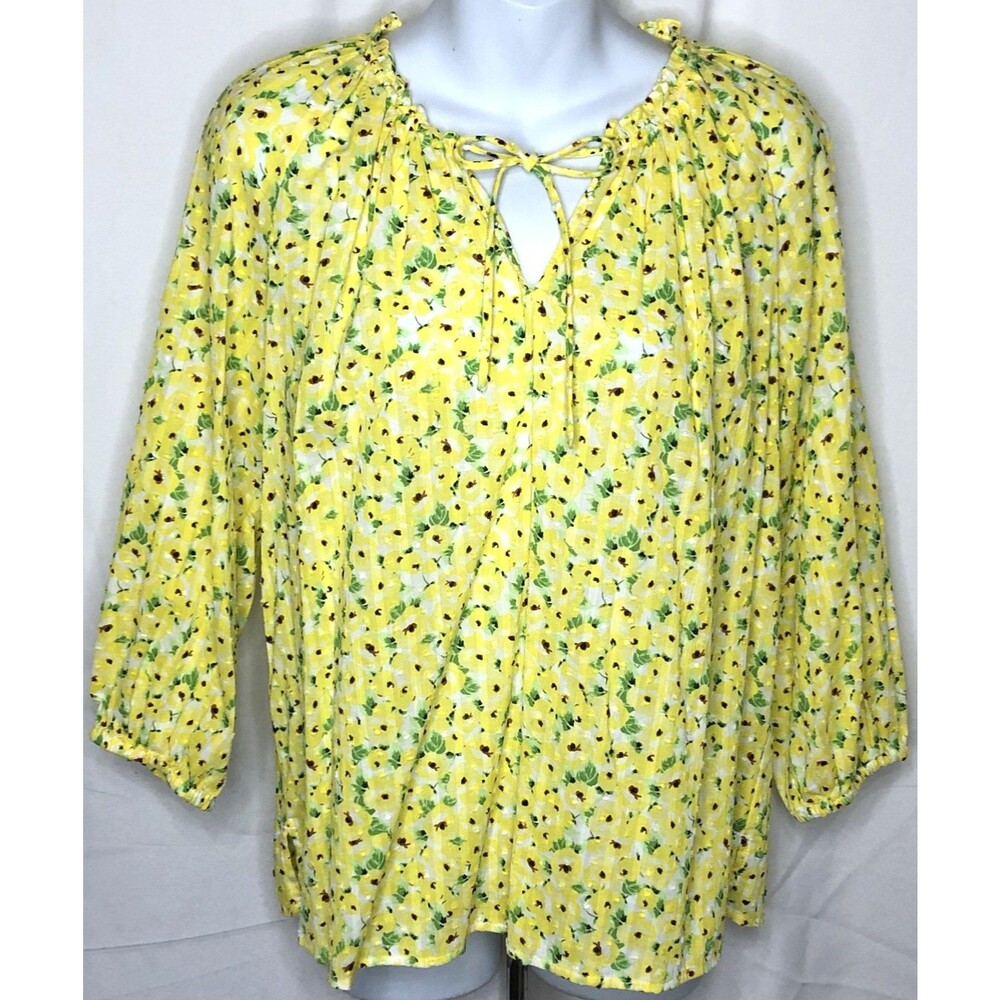 Ann Taylor top MP yellow floral keyhole 3/4 sleeve Flowy Artsy Cottage Summer